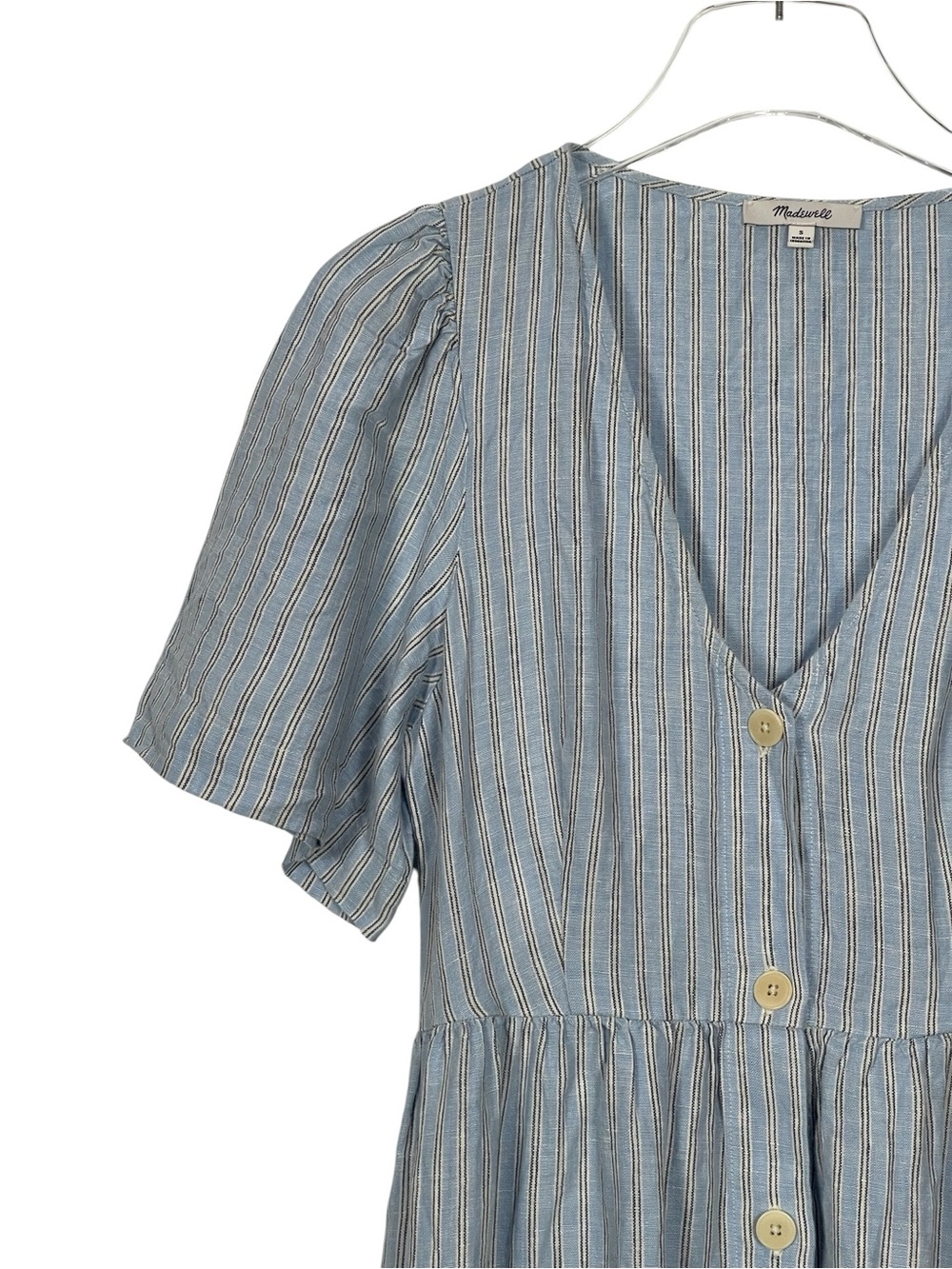 Madewell Cassie Button-Front Midi Dress 100% Linen Blue Striped Size Small - Picture 7 of 13